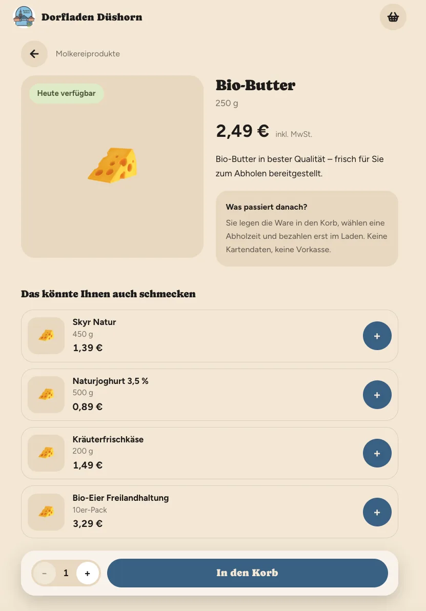 Produktseite mit Preis, Verfügbarkeit und Erklärung zur Abholung