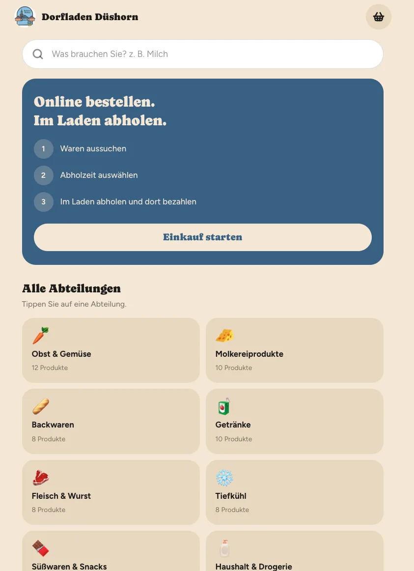 Startseite des Abhol-Shops mit Suchfeld, den drei Schritten und den Abteilungen